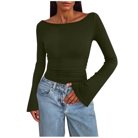 Njagoc3 Women's Off-The-Shoulder Long Sleeve Flared-Cuff Oversized Top,Army Green,L
