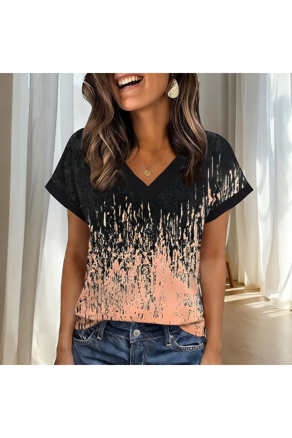 Women's Ombre Printed V-Neck Short Sleeve Top - Trendy Everyday Casual Top