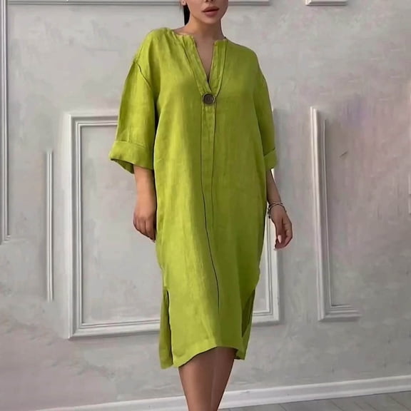 Njagoc3 Women's Oversized Tunic Dress Long Sleeve - Casual & Vacation Wear,Yellow,S