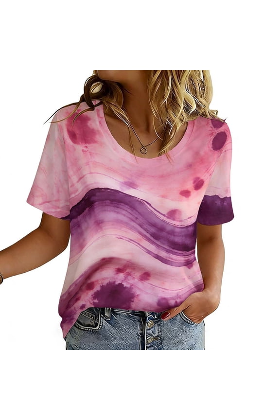 Women's Pink-Purple Wave Tie-Dye Short Sleeve Top - Feminine Trendy Everyday Casual Wear