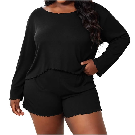 Njagoc3 Women's Plus Size Scalloped Hem Lounge Set Long Sleeve Crew Neck Top with Shorts 2 Piece Summer Sleepwear