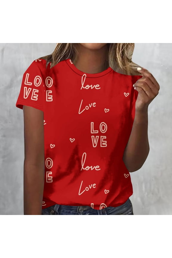 Women's Red & White "LOVE" All-Over Print Crew Neck Short-Sleeve T-Shirt - Bold Valentine's Day Casual & Holiday Wear