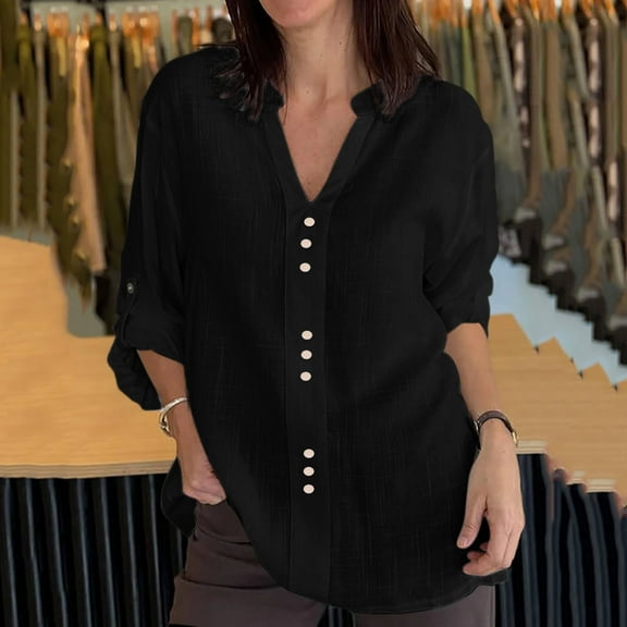 Njagoc3 Women's Relaxed Fit Button-Down Long Sleeve Shirt - Everyday Casual Wear,Black,XL