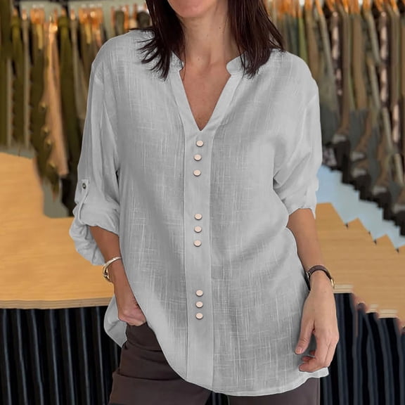 Njagoc3 Women's Relaxed Fit Button-Down Long Sleeve Shirt - Everyday Casual Wear,Gray,L