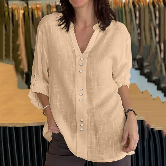 Njagoc3 Women's Relaxed Fit Button-Down Long Sleeve Shirt - Everyday Casual Wear,Khaki,L