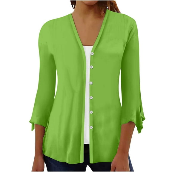 Njagoc3 Women's Ruffle Sleeve Open Front Cardigan - Everyday Casual Wear,Green,XL