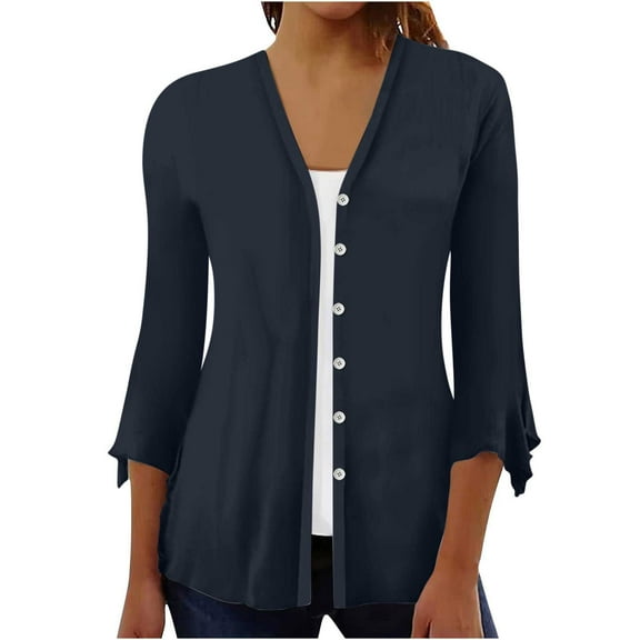 Njagoc3 Women's Ruffle Sleeve Open Front Cardigan - Everyday Casual Wear,Navy,XL