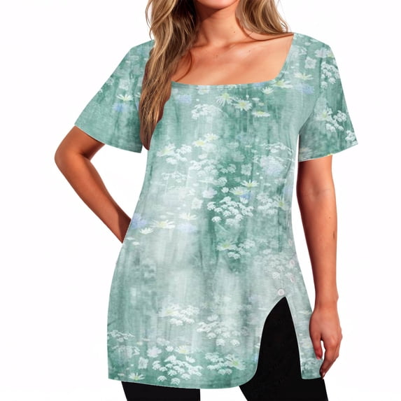 Njagoc3 Women’s Short Sleeve Ethnic Miao Vintage Print Loose Longline V-Neck Square Neck Button-Front Slit Hem T-Shirt