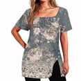 thumbnail image 1 of Njagoc3 Women’s Short Sleeve Ethnic Miao Vintage Print Loose Longline V-Neck Square Neck Button-Front Slit Hem T-Shirt, 1 of 6