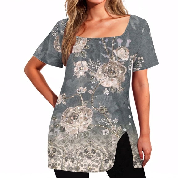 Njagoc3 Women’s Short Sleeve Ethnic Miao Vintage Print Loose Longline V-Neck Square Neck Button-Front Slit Hem T-Shirt