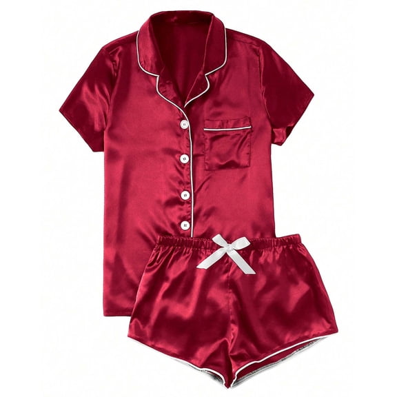 Njagoc3 Women's Short Sleeve Satin Pajama Set - Solid Color, Silky Fabric, Summer & Sleep Wear