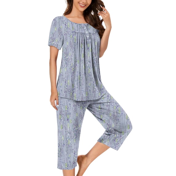 Njagoc3 Women's Short Sleeve Striped Pajama Set - Patterned, Loose Fit, Summer & Sleep Wear