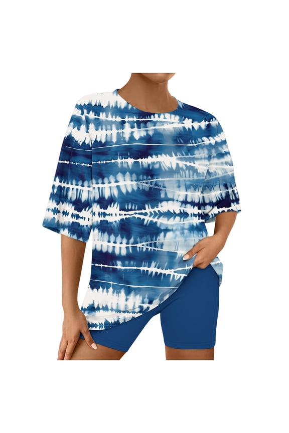 Women's Short Sleeve Tie-Dye Print Top & Short Set - Patterned, Trendy Style, Summer & Sleep Wear