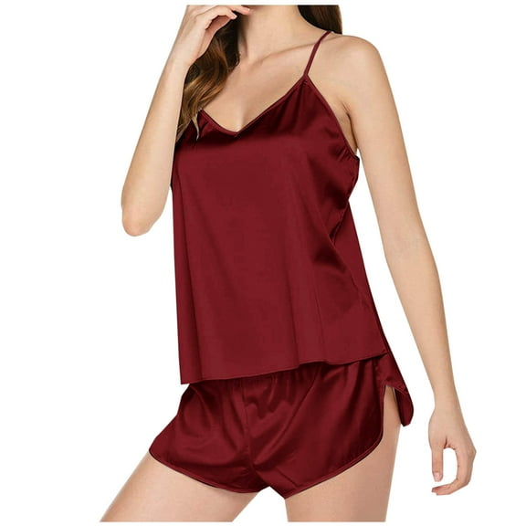 Njagoc3 Women's Sleeveless Satin Camisole & Short Set - Solid Color, Silky Fabric, Summer & Sleep Wear