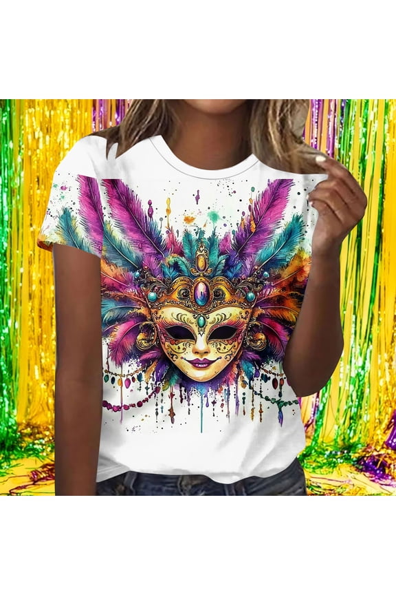 Women's Soft Short Sleeve Tee - Mardi Gras Mask Print Vibrant Festival & Parade Casual Wear