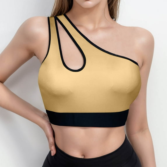 Njagoc3 Women's Solid Color One Strap Sports Bra Side Slit Wireless Breathable Light Support Yoga Lounge Top