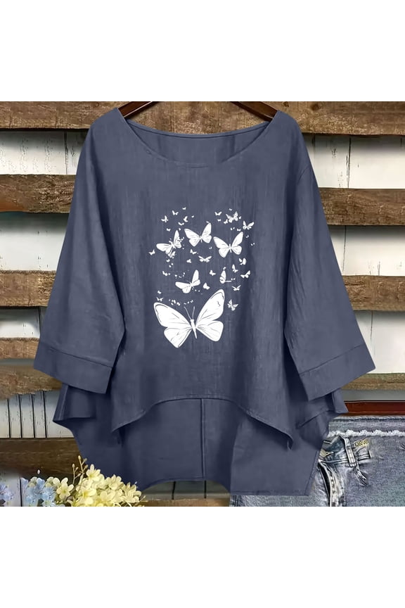 Women's Spring Summer Casual Cotton Linen Solid Color Crew Neck Medium Sleeve Fashion Loose T-Shirt Top