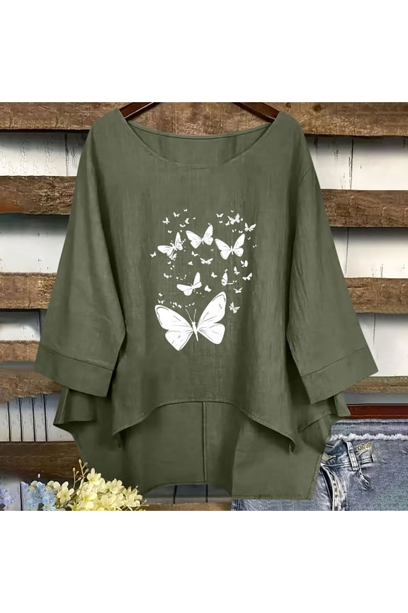 Women's Spring Summer Casual Cotton Linen Solid Color Crew Neck Medium Sleeve Fashion Loose T-Shirt Top