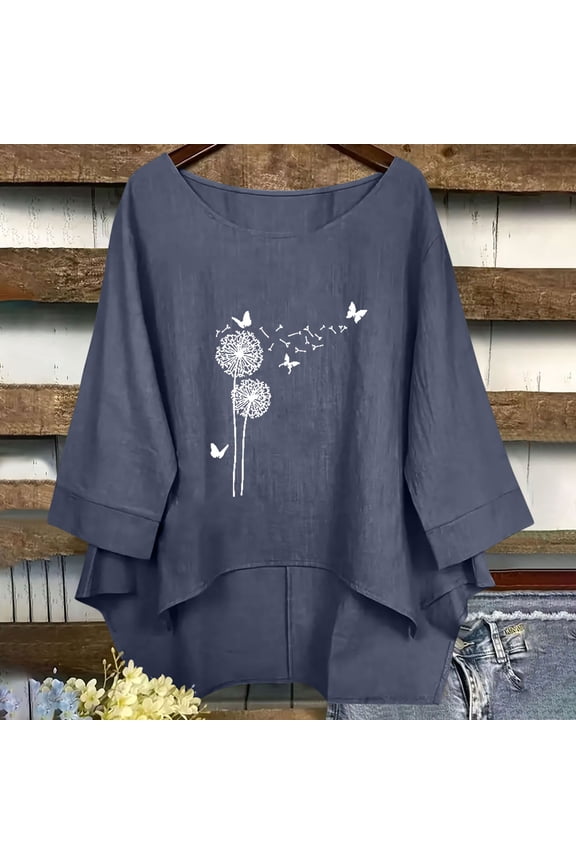 Women's Spring Summer Casual Cotton Linen Solid Color Crew Neck Medium Sleeve Fashion Loose T-Shirt Top