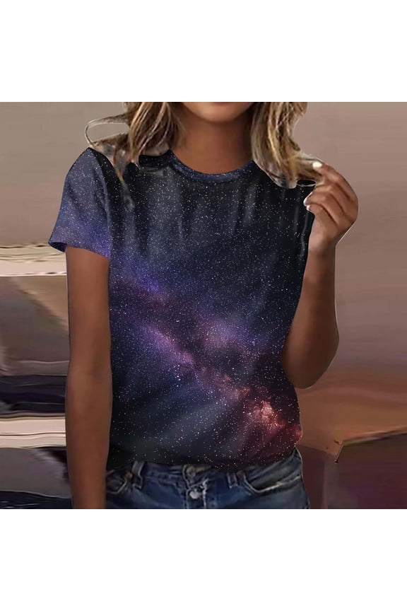 Women's Starry Sky Print Short Sleeve Top - Valentine's Day Dreamy Romantic Casual Wear