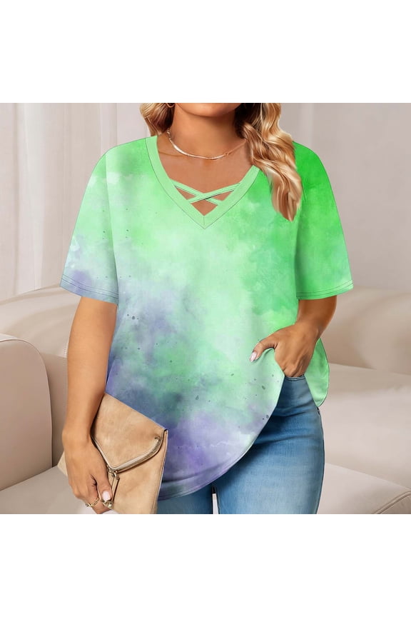 Njagoc3 Women's Tie-Dye Gradient V-Neck Short-Sleeve Top - Fashionable Summer & Festival Wear