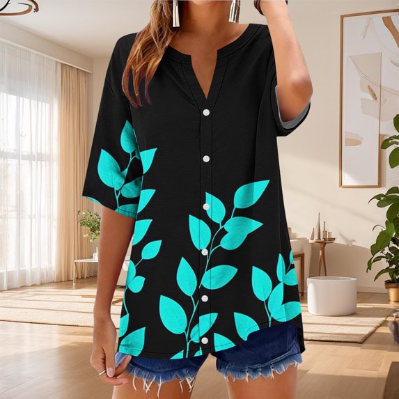 Njagoc3 Women's Turquoise Leaf Print Button-Down Shirt - Vibrant Nature-Style Summer Casual & Vacation Wear