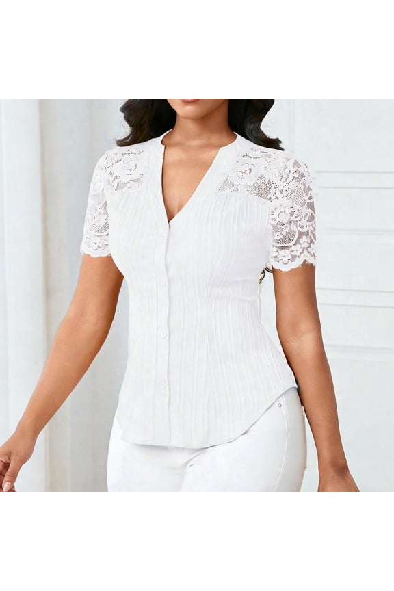 Women's V-Neck Cinched Waist Short Sleeve Top,White,XXL