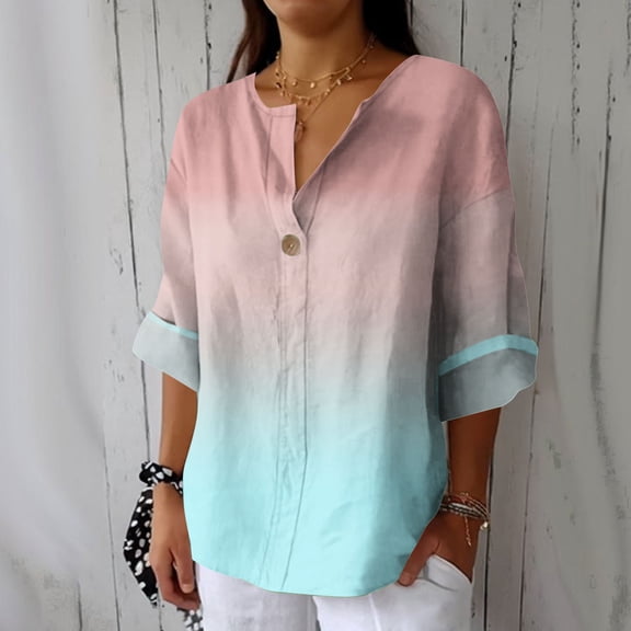 Njagoc3 Women's V-Neck Gradient Short Sleeve Top - Summer Casual Wear,Mint Green,XL