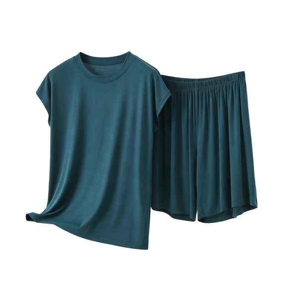 Njagoc3 Women's V Neck Lounge Set Short Sleeve Top with Contrast Piping and Shorts 2 Piece Summer Sleepwear