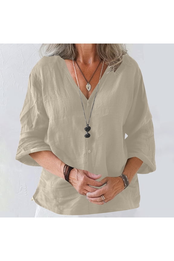 Women's V-Neck Open-Front Oversized Top - Everyday Casual Wear,Khaki,XXL