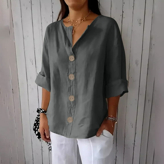 Njagoc3 Women's V-Neck Oversized Button-Down Shirt - Office & Everyday Wear,Gray,L