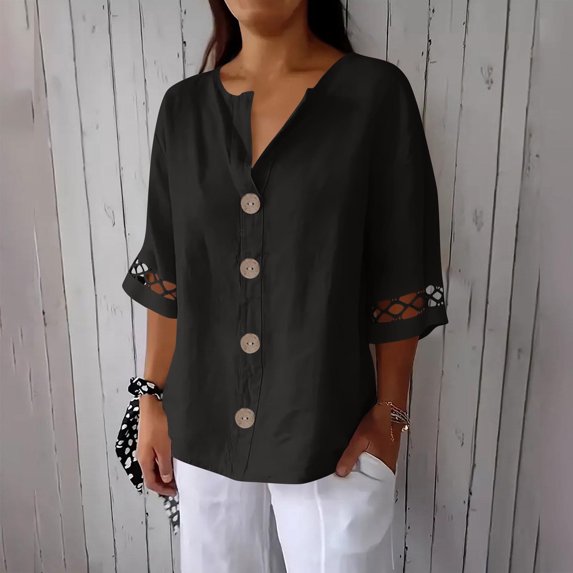 Njagoc3 Women's V-Neck Relaxed Fit Button-Down Shirt - Office & Casual Wear,Black,S