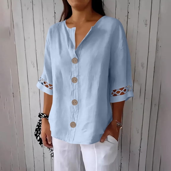 Njagoc3 Women's V-Neck Relaxed Fit Button-Down Shirt - Office & Casual Wear,Light Blue,XL