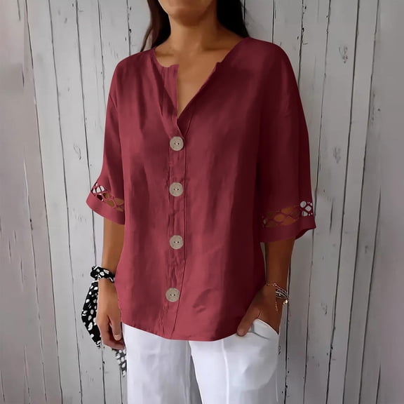 Njagoc3 Women's V-Neck Relaxed Fit Button-Down Shirt - Office & Casual Wear,Wine,L