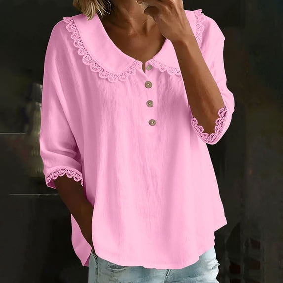 Njagoc3 Women's V-Neck Short Sleeve Button-Placket Oversized Top,Pink,L