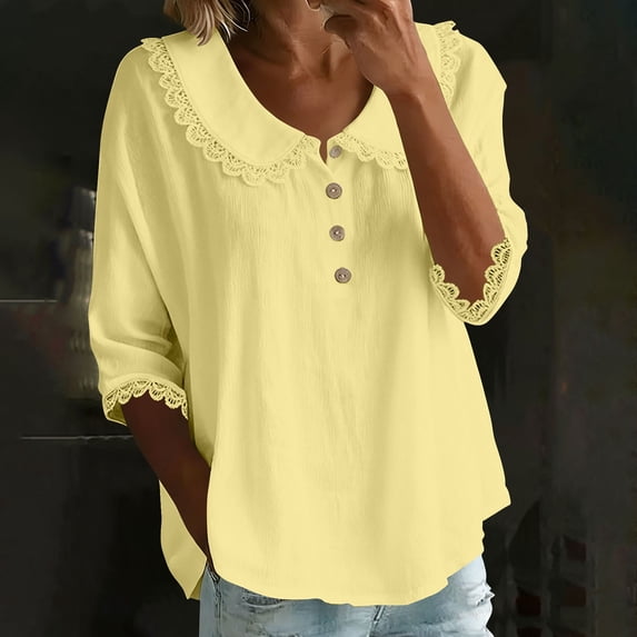 Njagoc3 Women's V-Neck Short Sleeve Button-Placket Oversized Top,Yellow,L