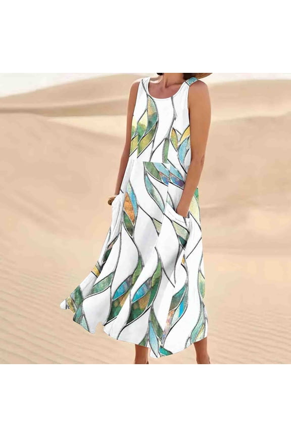 Womens 2025 Spring/Summer Colorful Flower Printed Fashion Sleeveless Cotton Hemp Round Neck Strap White Basic Casual Long Dress