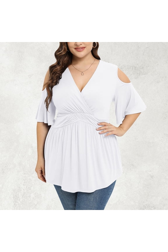 Womens 3/4 Sleeve Boat Neck Tunic Top - Stretch Knit Fabric, Transitional Spring to Summer Office Attire with Cold Shoulder Detail