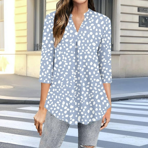 Njagoc3 Womens 3/4 Sleeve V-Neck Polka Dot Blouse - Lightweight Summer Casual Wear