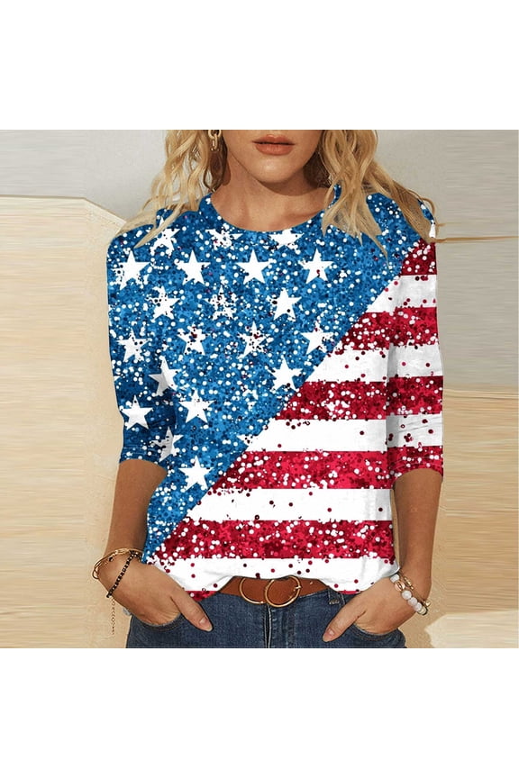 Womens American Flag Print Top, Soft Cotton Blend, 3/4 Sleeves, 4th of July Parades, Patriotic Gatherings & Beach Vacations