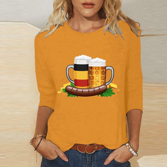 Njagoc3 Womens Beer Print Top, 3/4 Sleeve, Slim Fit, Fun Spring & Summer Brewery Tour Outfit, Multiple Colors