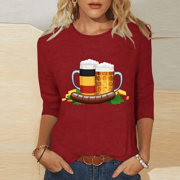 Njagoc3 Womens Beer Print Top, 3/4 Sleeve, Slim Fit, Fun Spring & Summer Brewery Tour Outfit, Multiple Colors