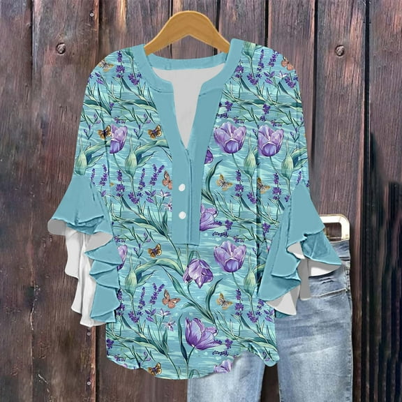 Njagoc3 Womens Bell Sleeve Peasant Blouse - Boho-Inspired Summer Top with Teal/Purple Floral Print | Flowy Silhouette, Elasticated Cuffs | Festival-Ready Bohemian Style