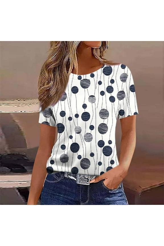 Womens Black Circle Print Top, Short Sleeve, Loose Fit, Casual Summer & Spring Top