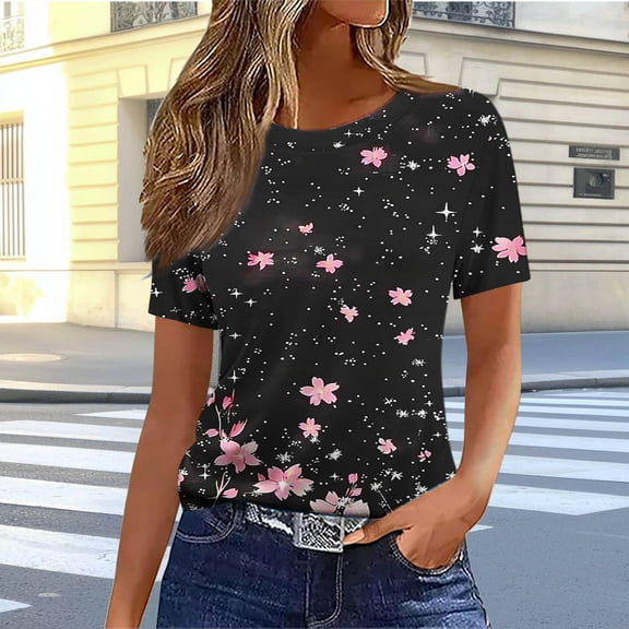 Njagoc3 Womens Black Pink Cherry Blossom Print T-Shirt Soft Round Neck Short Sleeve Casual Top S, M, L, XL, XXL, XXXL