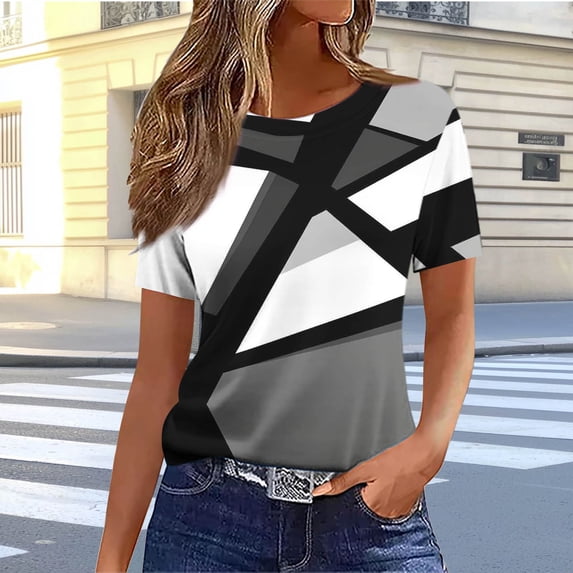 Njagoc3 Womens Black White Abstract Geometric Stripe T-Shirt Modern Art Splice Design Short Sleeve Casual Top