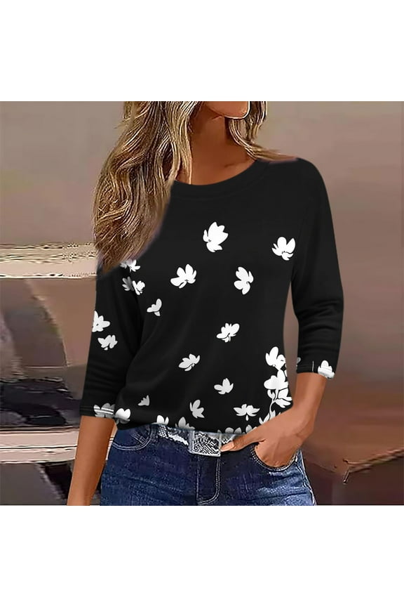 Womens Black White Floral Print Top, 3/4 Sleeves, Loose Fit, Elegant Design, Ideal for Spring & Summer Garden Gatherings