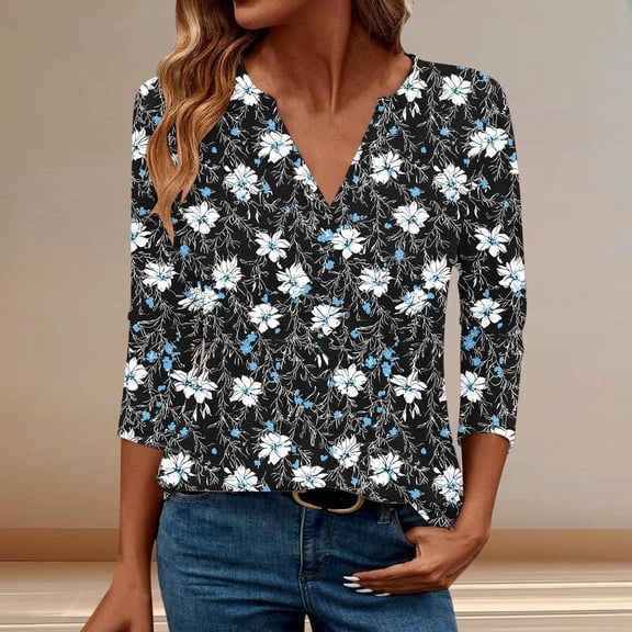 Njagoc3 Womens Black & White Floral Print V - Neck Top, 3/4 Sleeve, Loose Fit, Elegant Spring & Summer Daily Wear