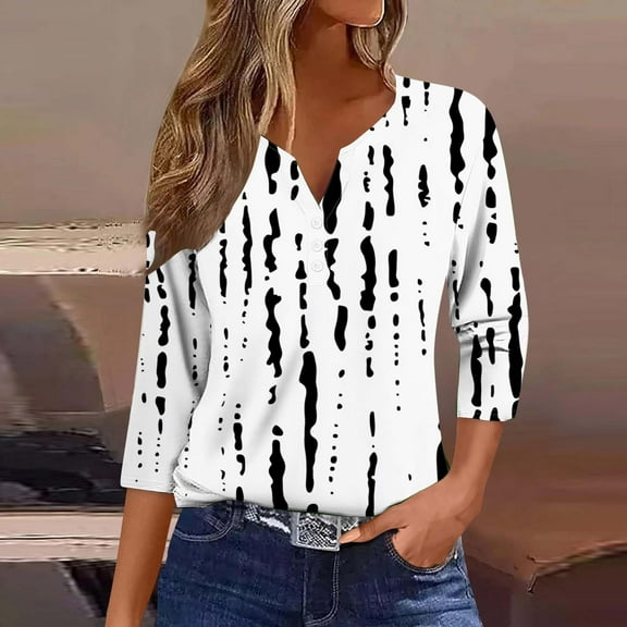 Njagoc3 Womens Black & White Ink Print Top, 3/4 Sleeve, Loose Fit, Artistic Spring & Summer Casual Wear
