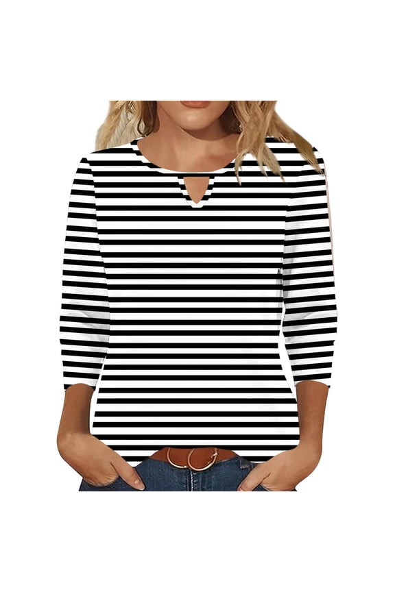 Womens Black & White Striped Henley Neck Top, Lightweight Polyester Blend, 3/4 Sleeves, Summer Office Casual, Coffee Runs & Weekend Gatherings